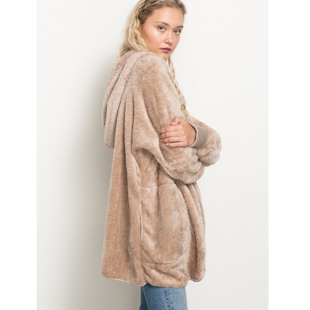 Taupe faux fur plush hooded jacket - Picture 4 of 5